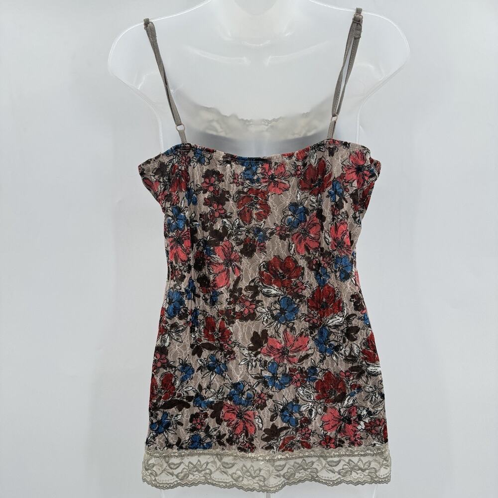 VTG Y2K Double Lace Velvet Burnout Long Tank Top Sz L Multicolor Floral Babydoll - Picture 2 of 9